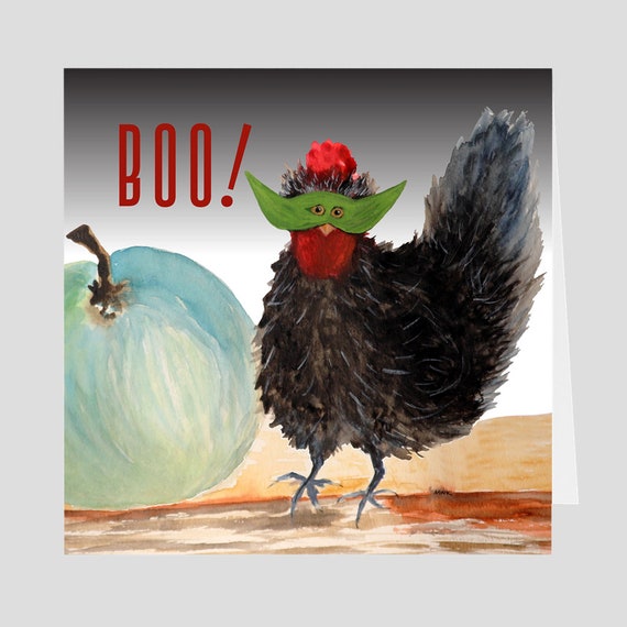 Boo! Chicken Folded Cards | Halloween Notecards | Black Hen Blue Pumpk ...