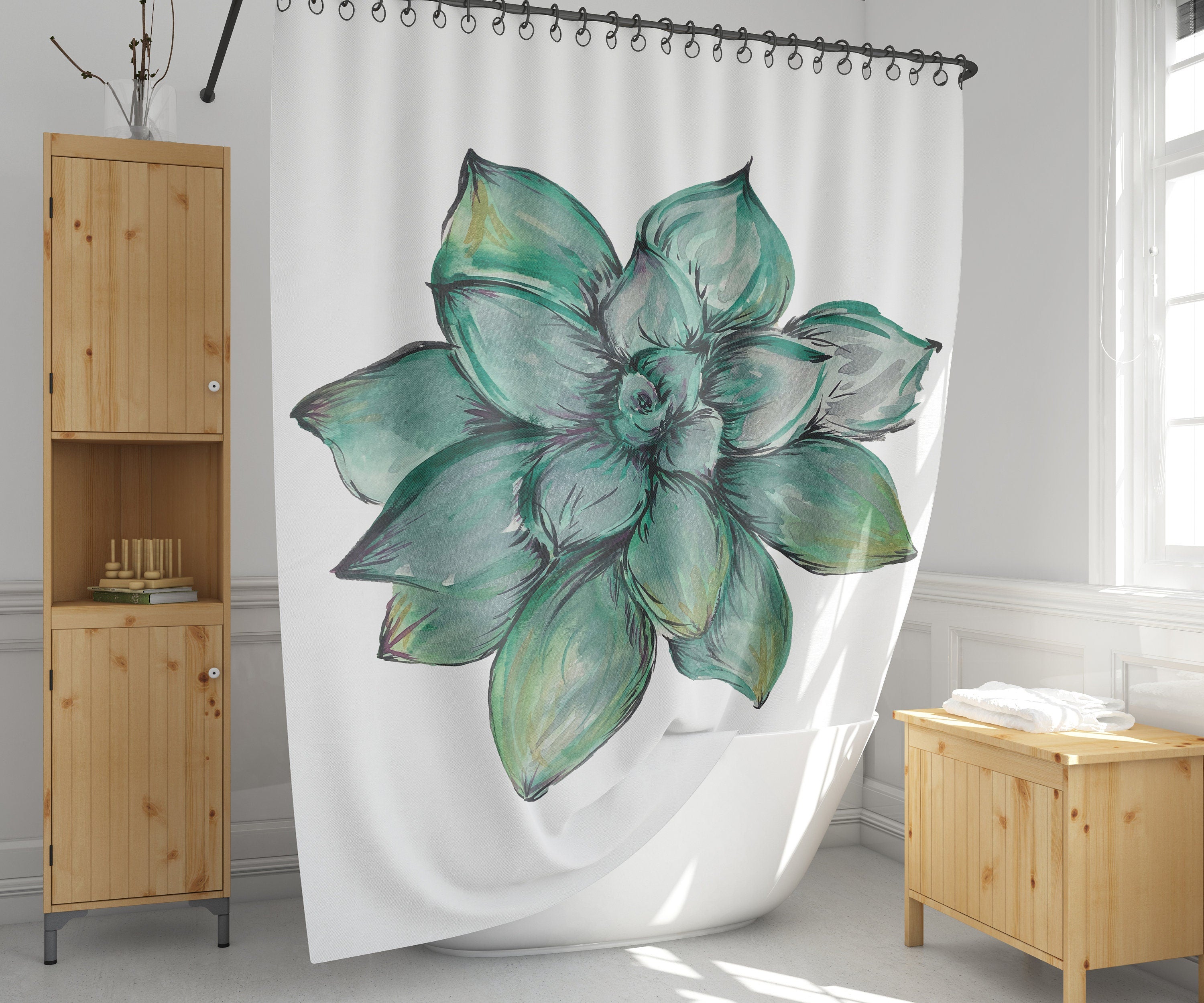 house plant shower curtain Succulent Houseplant Shower Curtains | Green Plant on White Shower Cur