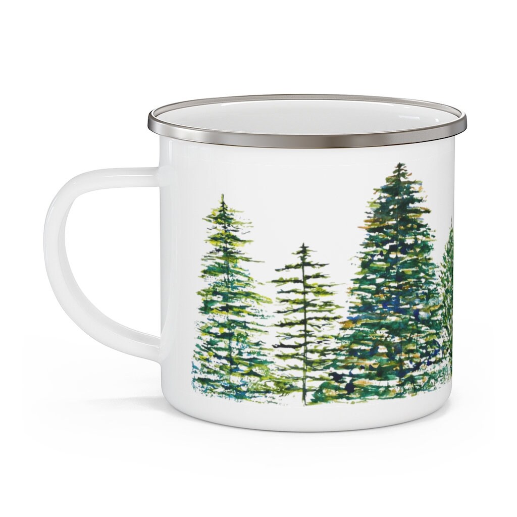 Pine Tree Forest Enamel Camping Mug Watercolor Printed Coffee Mugs 12 Oz Stainless  Steel Gifts for Outdoors, Nature, Evergreens 